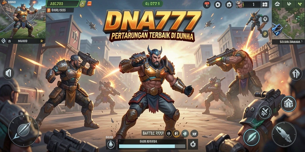 Screenshot utama DNA777 menunjukkan aksi seru dalam pertempuran Battle Royale.
