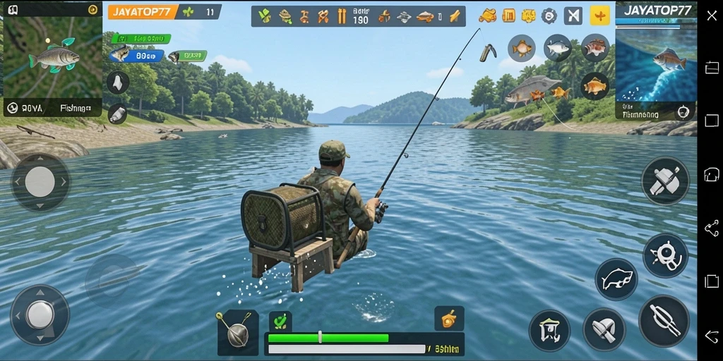 Screenshot menampilkan pemain memancing di lokasi indah dengan ikan beragam.