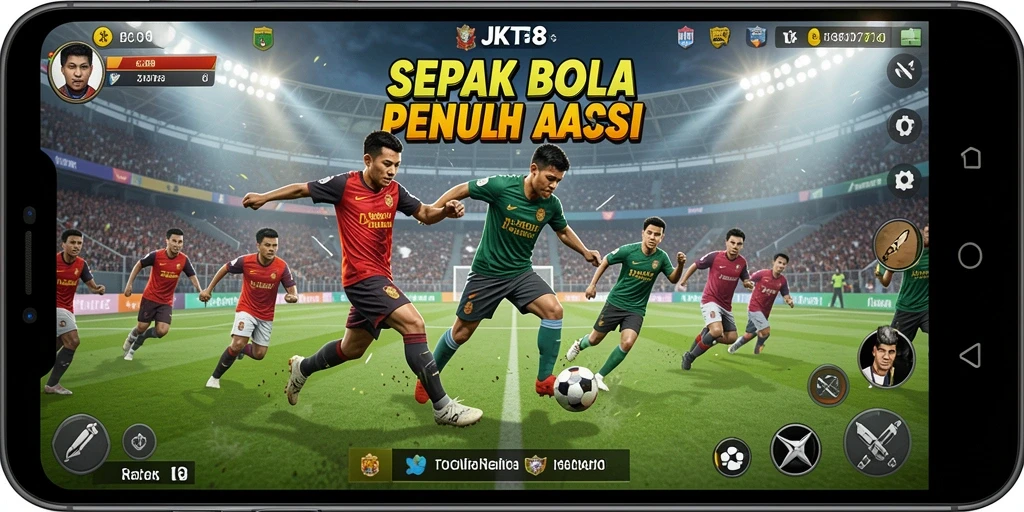 Tampilan gameplay mendebarkan dari JKT8, menunjukkan aksi sepak bola yang seru.